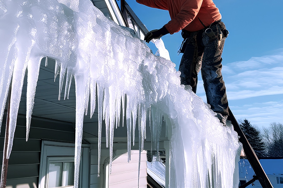 BCM Roofer removing heavy ice buildup from roof in Madison Heights Michigan