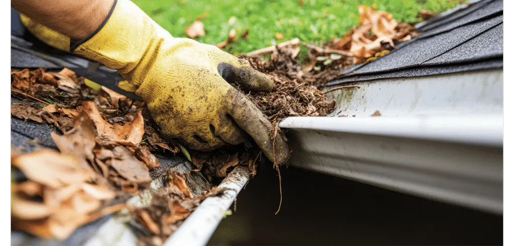 BCM Roofing contractor conducting spring gutter cleaning services.