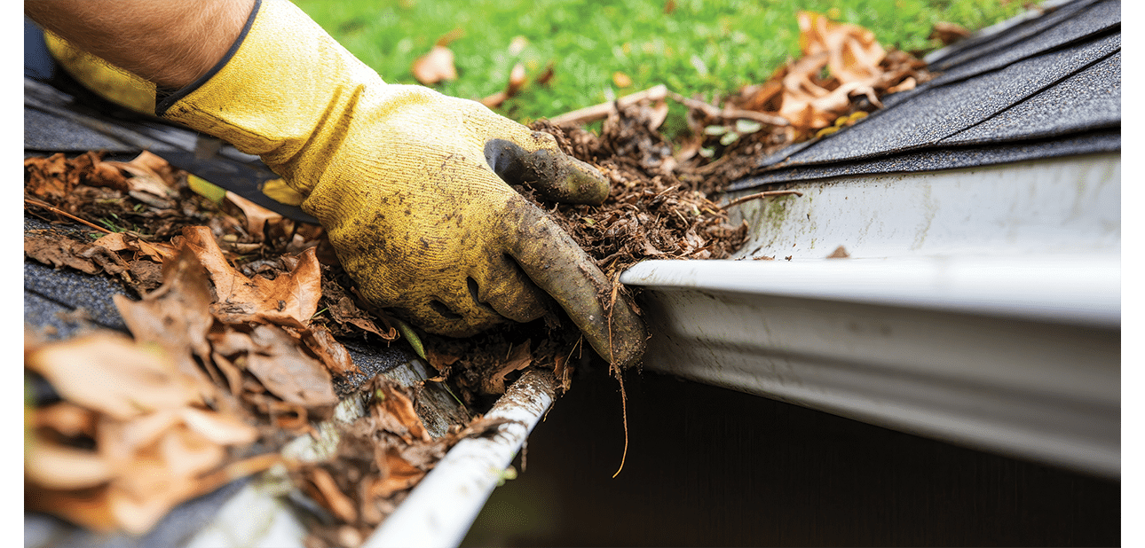 BCM Roofing contractor conducting spring gutter cleaning services.