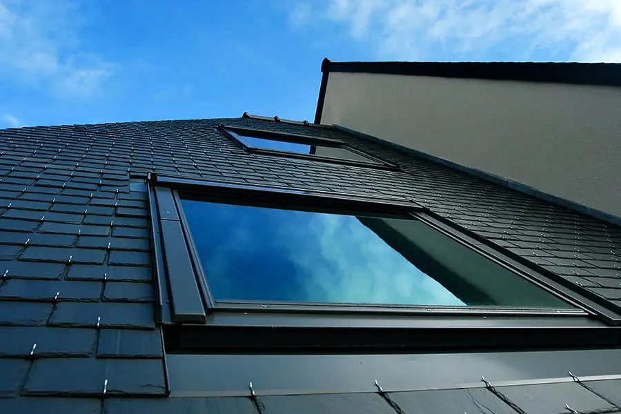 Close-up of skylight windows on roof, highlighting a common source of leaks in residential homes.