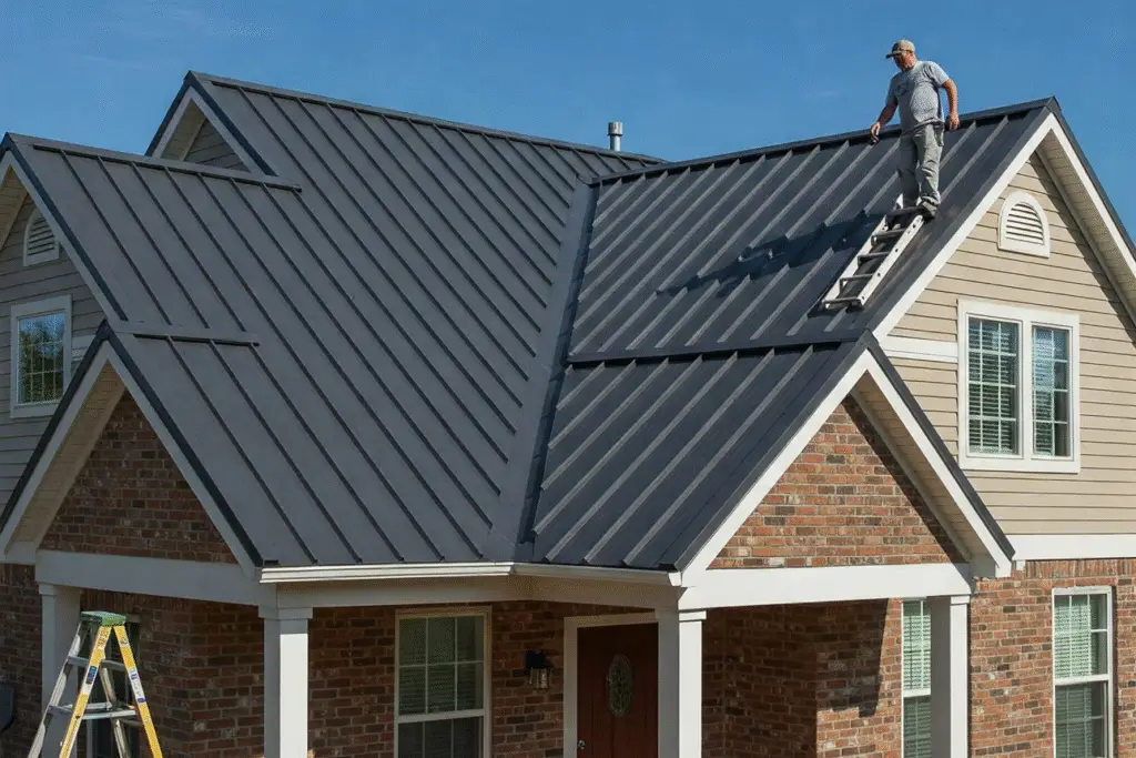 Roofer inspecting a newly painted metal roof on a residential home.