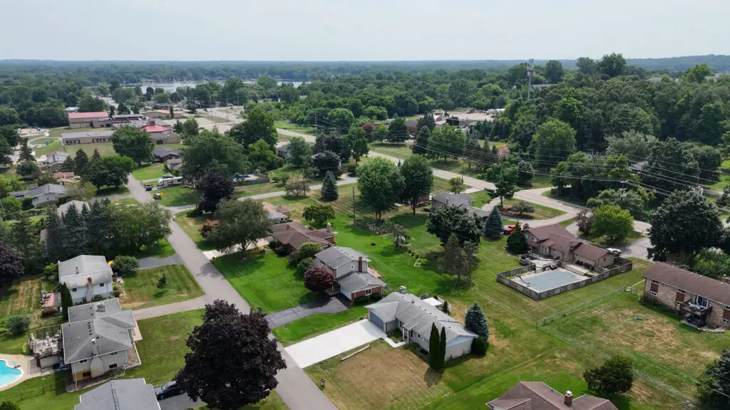 Aerial view of newly installed asphalt shingle roof in Ferndale, MI.