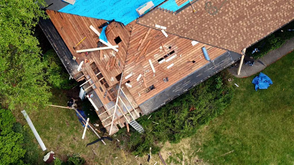 Aerial view of roof repair in South Lyon, MI.