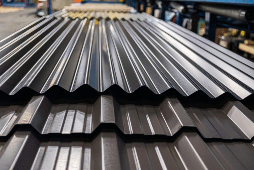 Corrugated metal roofing sheets used to demonstrate how to install metal roofing step by step.
